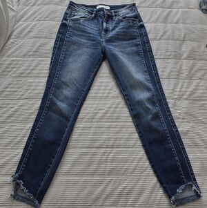 KanCan Dark Blue Skinny Jeans with Side Panel and Frayed Ankles